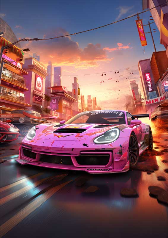 Pink Hot Porky Racing Car Sunset | Metal Poster