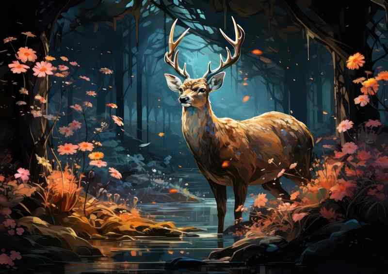 Deer in the dark forest in a painted style | Metal Poster