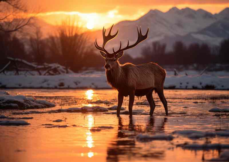 Elk in the snow at sunset | Metal Poster