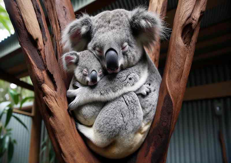 Koala Cuddles a baby koala nestled against its mother | Metal Poster