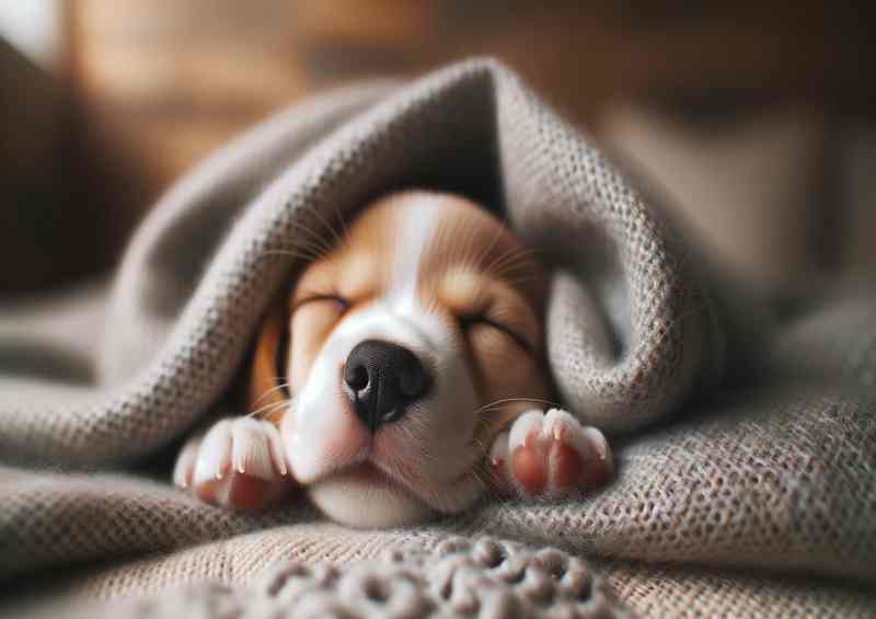 Little Lovebug a sleepy puppy nestled in a blanket | Metal Poster