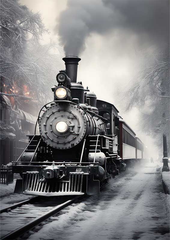 An Old Strem Train Leaving The Station In The Snow | Metal Poster