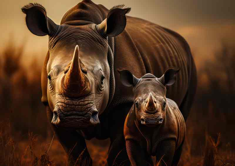 Mama and child Rhino In the savannah malawi | Metal Poster