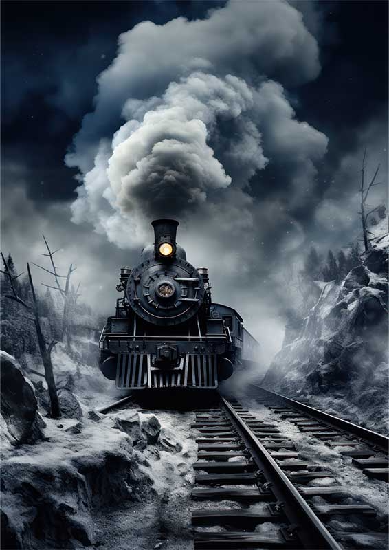 Black And White Steam Train Going Down the Track | Metal Poster