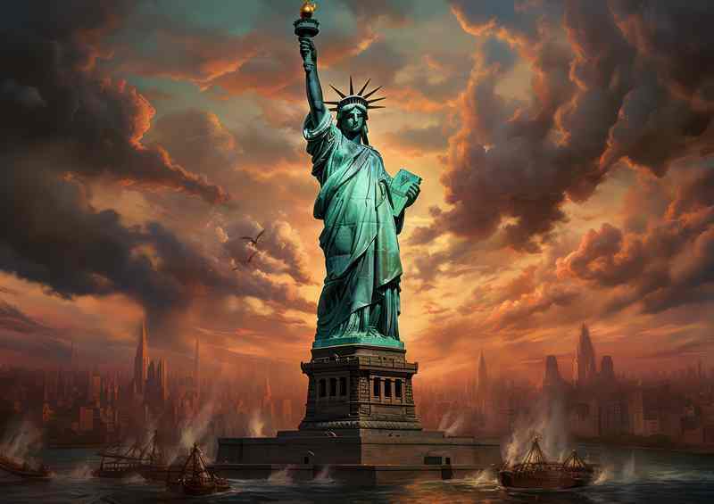 The Statue Of Liberty Swirling Skies Freedom | Metal Poster