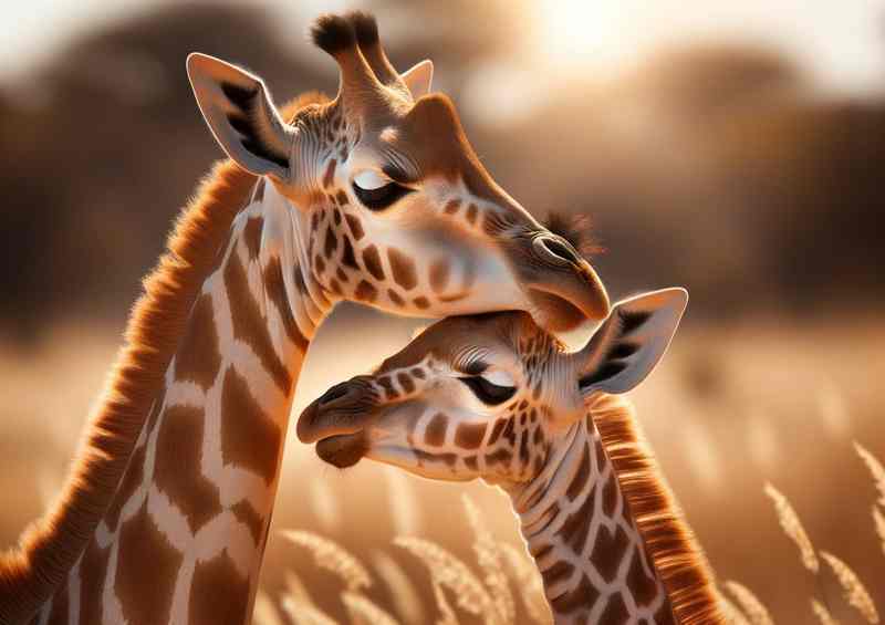 Savanna Sweetheart a baby giraffe nuzzling its mother | Metal Poster