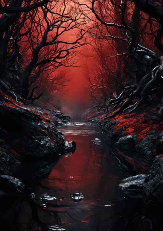 Crimson Skies Over Enchanted Forest | Metal Poster