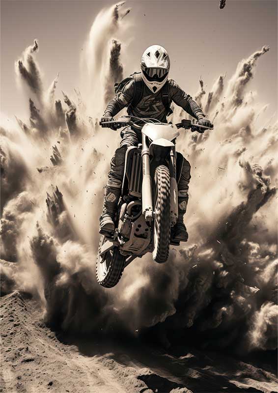 Dirt Bike Flying With Explosion Black And White | Metal Poster