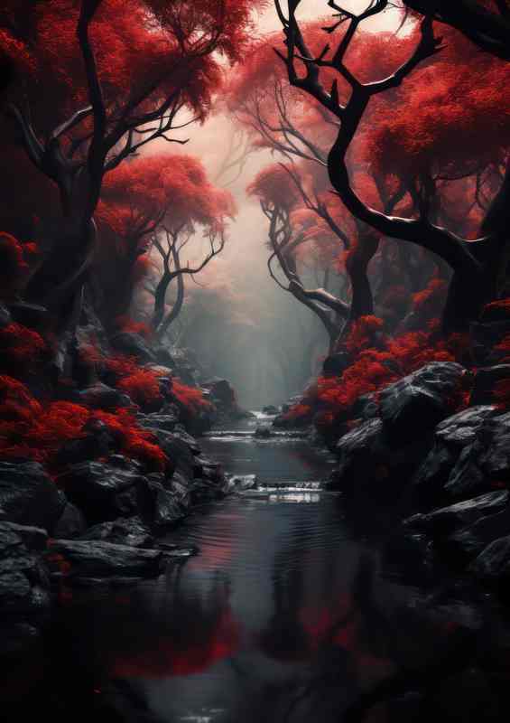 Eerie Twilight Above Red Sky Forest | Metal Poster