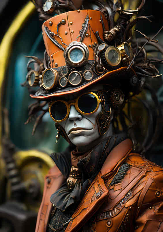 Steampunk hyper neo style with a colourful orange hat | Metal Poster