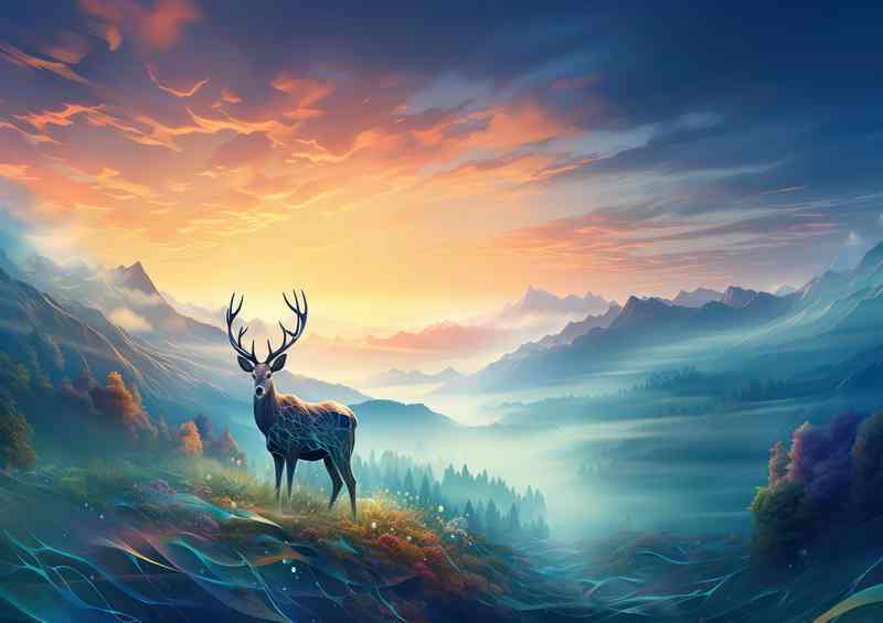 Stag deer and field with a misty sunrise in the morning | Metal Poster