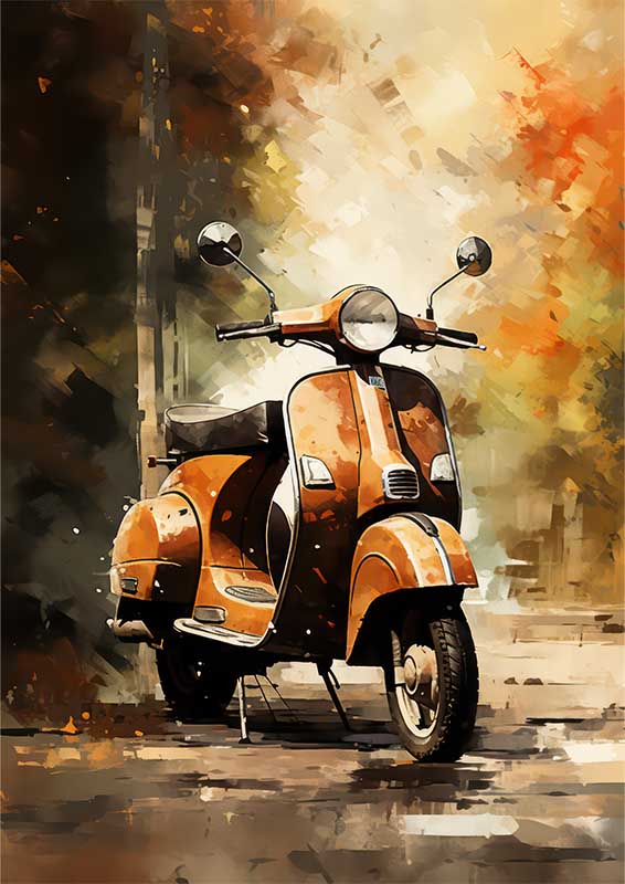 Old Orange Scooter Bike Parked On The Streets Of Italy | Metal Poster