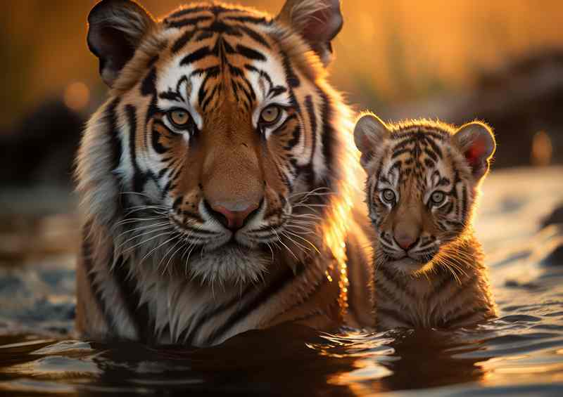 Tiger and cub in the water during the day time | Metal Poster
