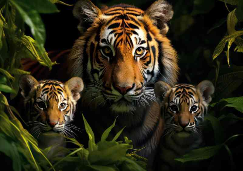 Tiger and her pair of cubs in the juingle | Metal Poster