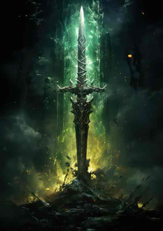 Green sword on top of water with splashes | Metal Poster