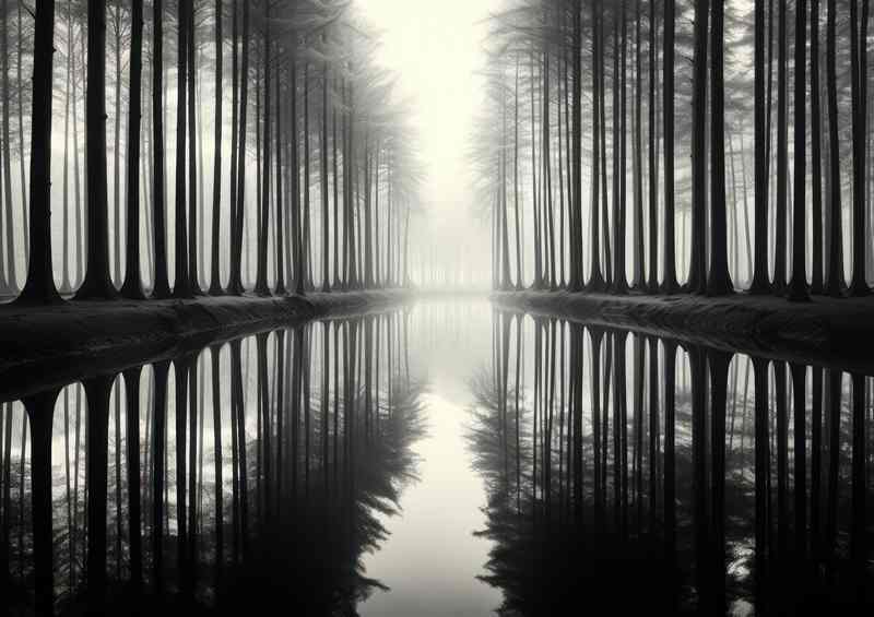 Monochrome Serenity Trees by Reflecting Waters | Metal Poster