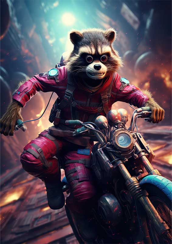 Racoon Riding On A Motorbike Through The Streets | Metal Poster