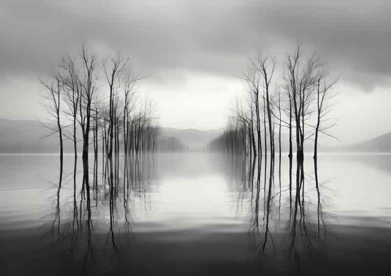 Shades of Stillness Reflecting Trees in Black and white | Metal Poster