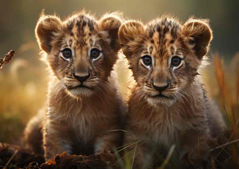 Two cubs of lions standing on the grass | Metal Poster