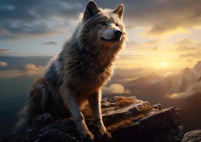 Wolf sitting on top of the mountains at sunset | Metal Poster