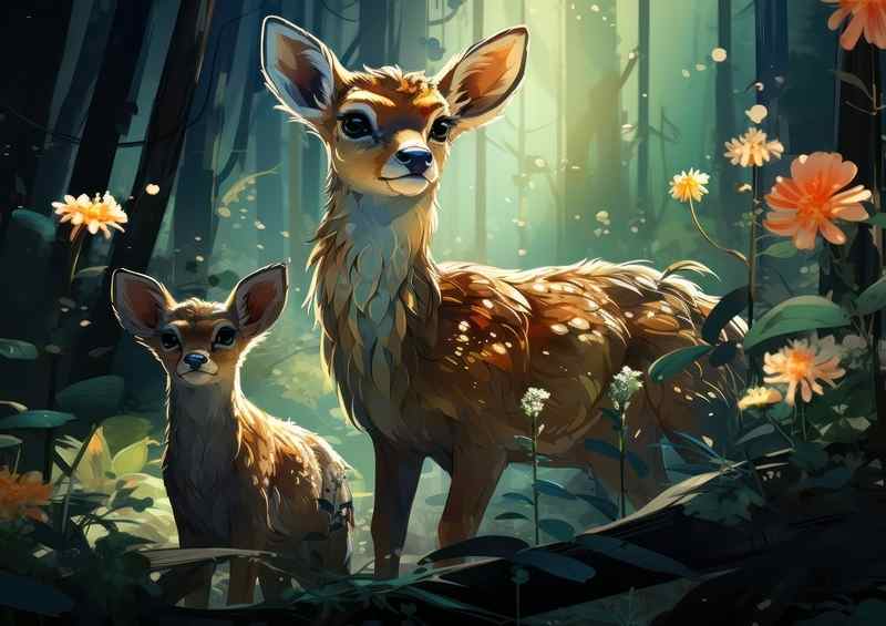 fawns and a deer In the magical woodlands | Metal Poster