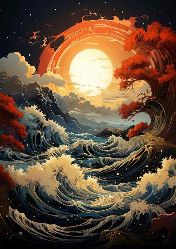 Crimson Moonrise Turbulent Sea Beneath | Metal Poster