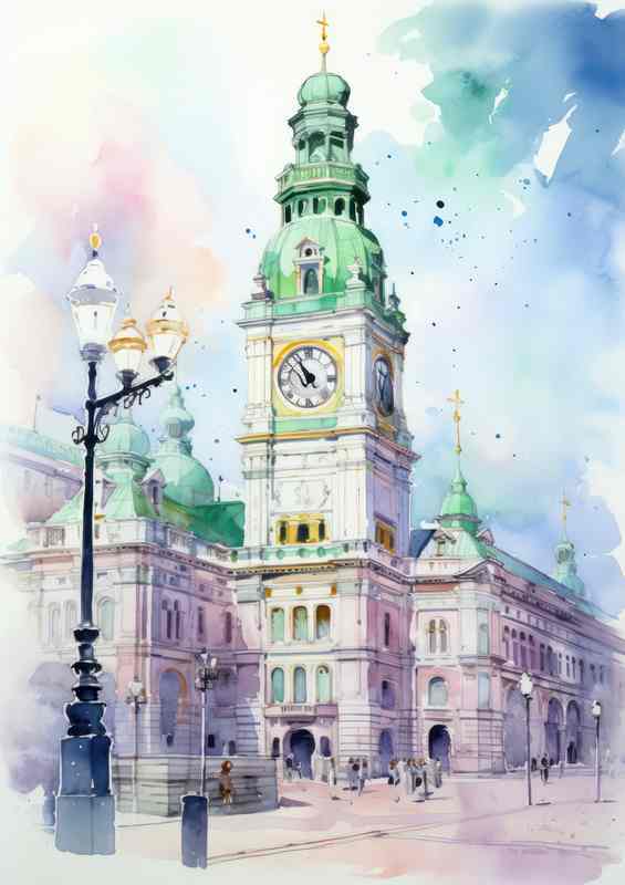 A Clock tower painted water colours style | Metal Poster