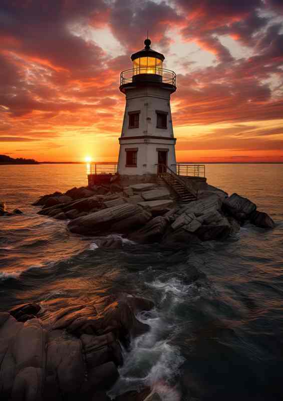 Dusks Embrace Lighthouse in Sunset Glow | Metal Poster
