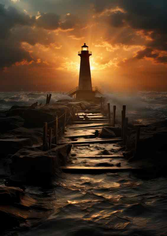 Gilded Horizon Lighthouse in Golden Skies | Metal Poster