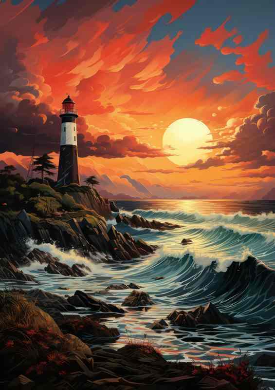 Golden Hour Glow Lighthouse at Sunset | Metal Poster