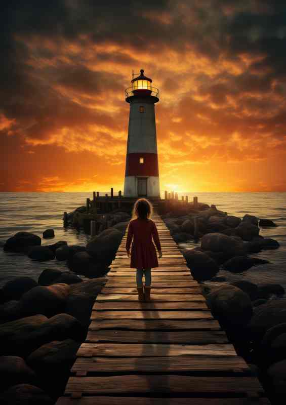 Golden Light Lighthouse in Evening Sky | Metal Poster