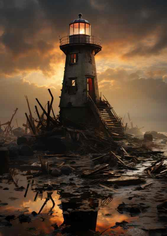 Lighthouse's Reverie Golden Skies Above | Metal Poster