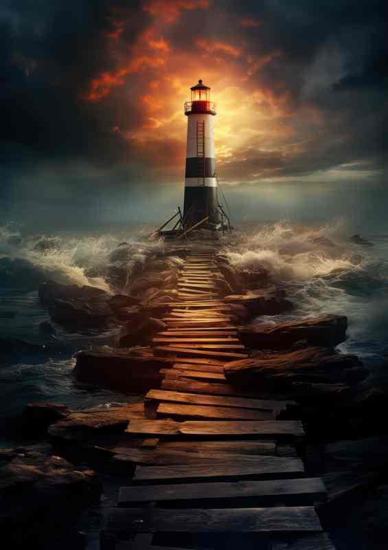 Lighthouses Elegance Beneath the Golden Sky | Metal Poster