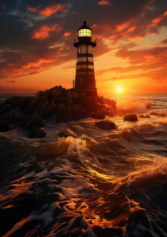 Lighthouses Last Light at Evening Sunset | Metal Poster