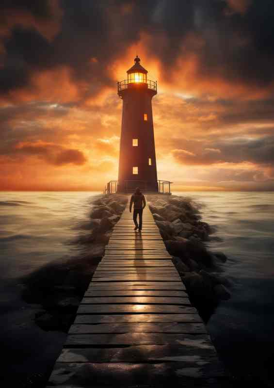 Radiant Horizon Lighthouse Beneath Golden Skies | Metal Poster
