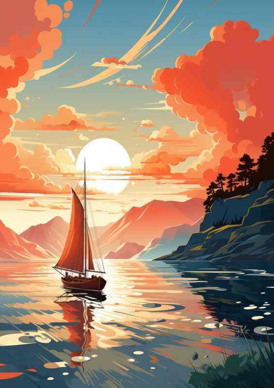 Sailing Serenity Sunset on Tranquil Waters | Metal Poster