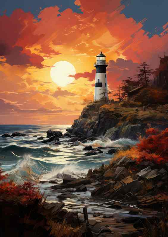 Sunset Serenity Lighthouse on the Coast | Metal Poster