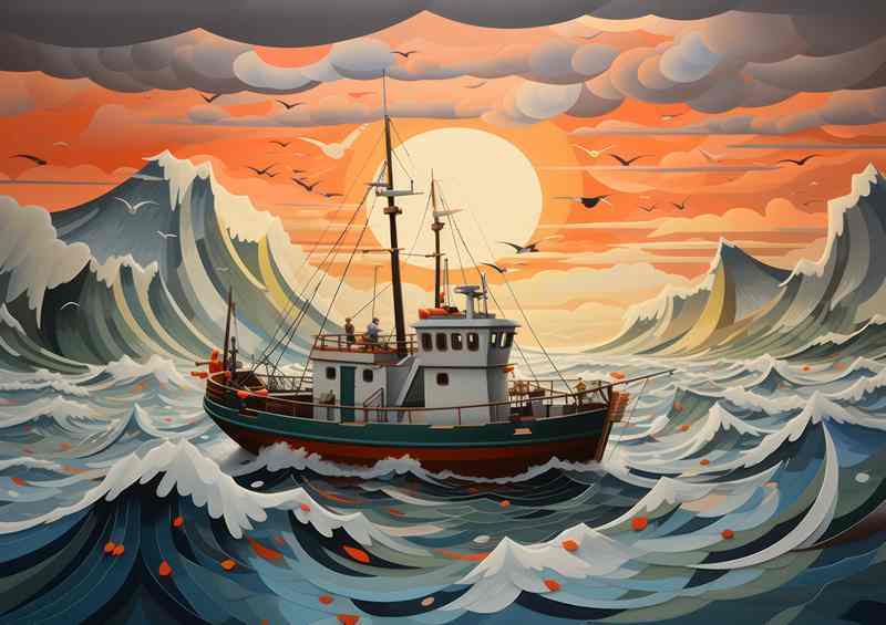 Fishing Boat Battles Stormy Ocean Swells | Metal Poster