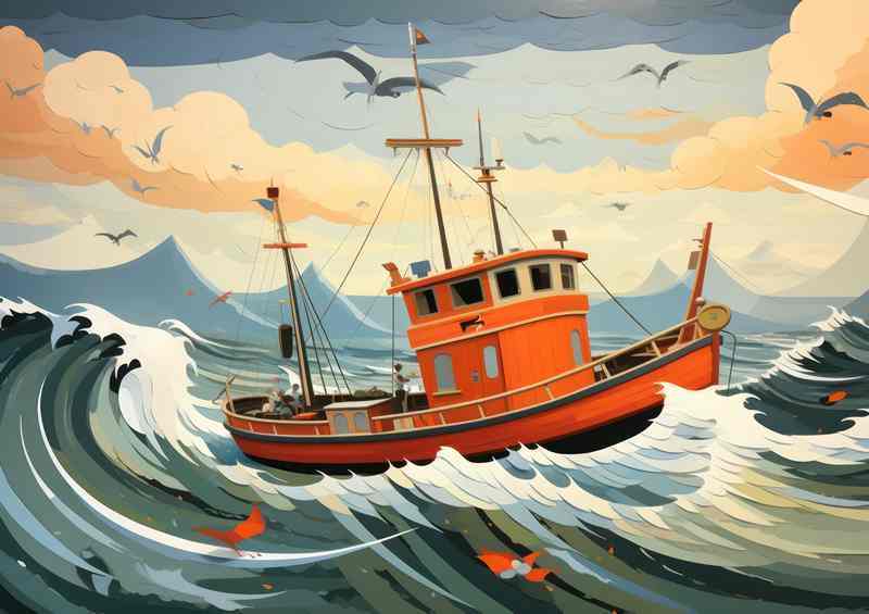 Fishing Boat Braving the Turbulent Waters | Metal Poster