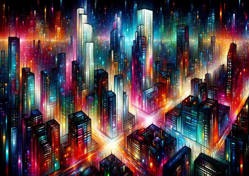 Neon Nightscape painting visualizing a bustling city | Metal Poster