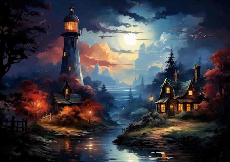 Golden Hour Lighthouse at Sunset | Metal Poster