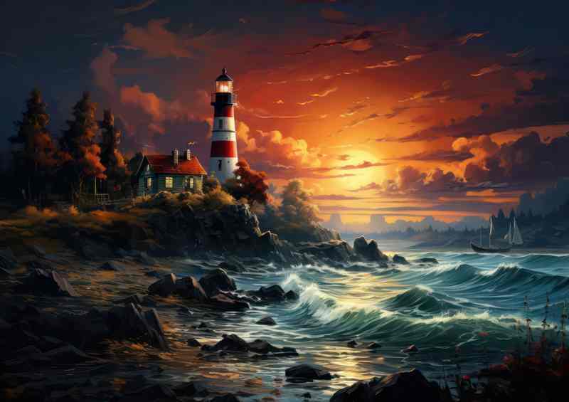 Lighthouse Serenade Sunsets Last Embrace | Metal Poster