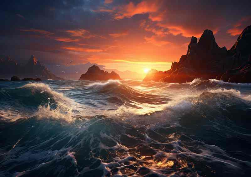 Stormy Evening Seas Fiery Sunset Battle | Metal Poster