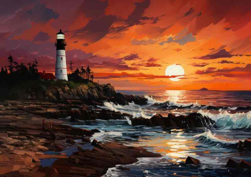 Sunset Beacon Lighthouse in Evening Glow | Metal Poster