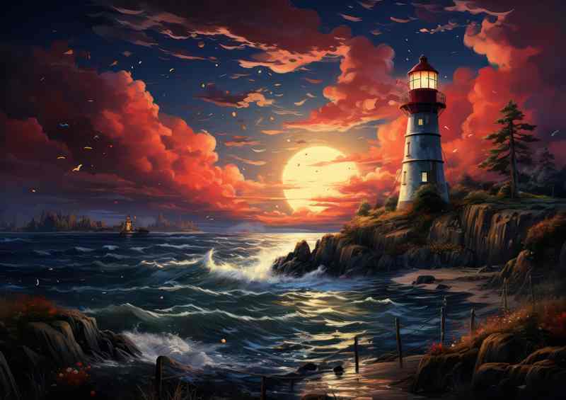 Twilight Guardian Lighthouse in Evening Sunset | Metal Poster
