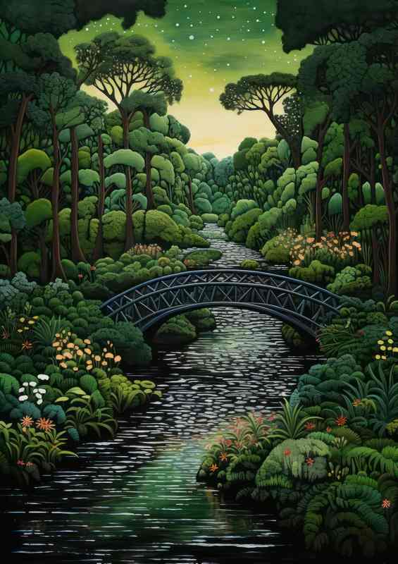 Bridge over the river with green trees | Metal Poster