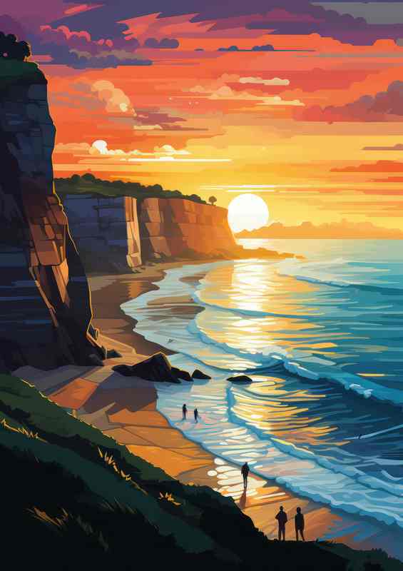 Cliffs and a beach scene with setting sun | Metal Poster