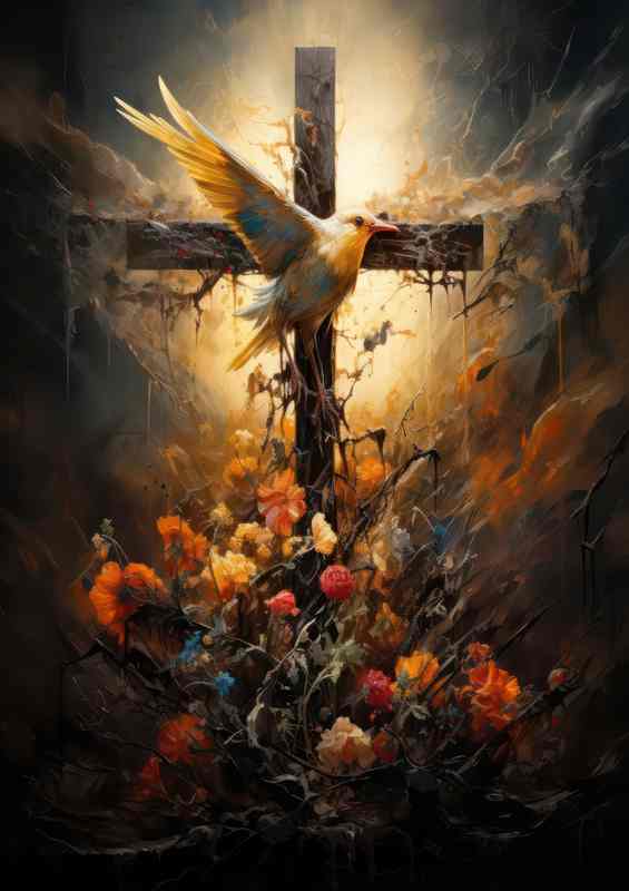 Celestial Blooms - Cross Flowers & Birds Metal Poster