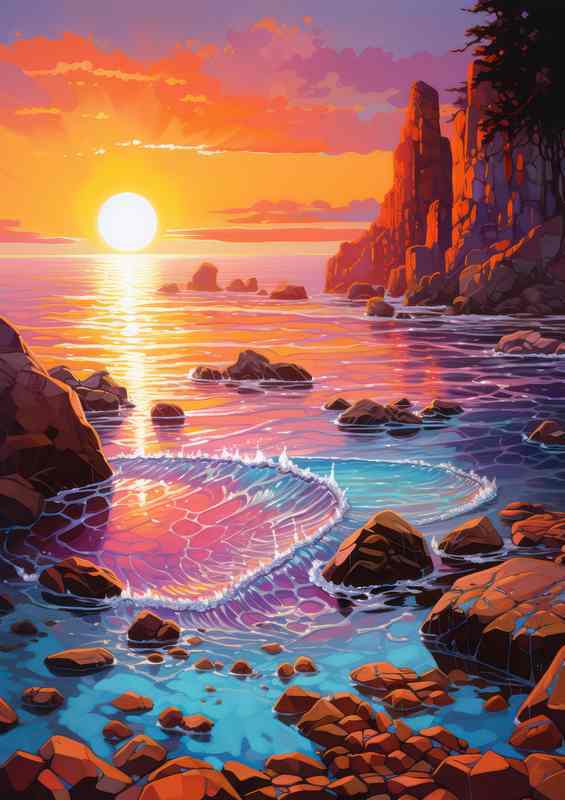 Painted style beach with a orange setting sun | Metal Poster
