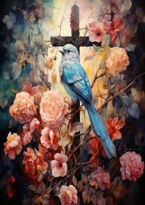 Sacred Wings & Petals Metal Poster | Flora-Fauna Cross